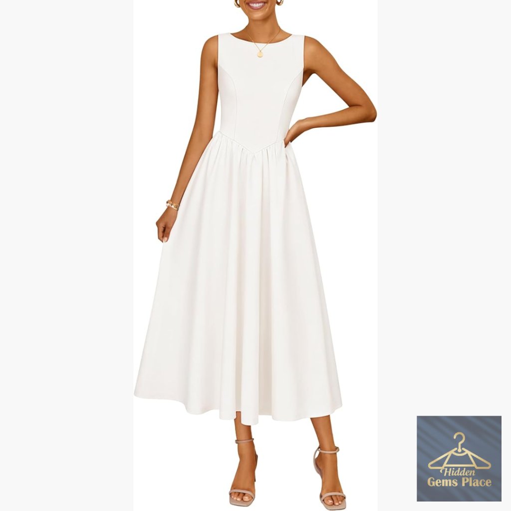 Sleeveless A-Line Midi Dress, Crew Neck, High Waist, Summer Wedding Guest